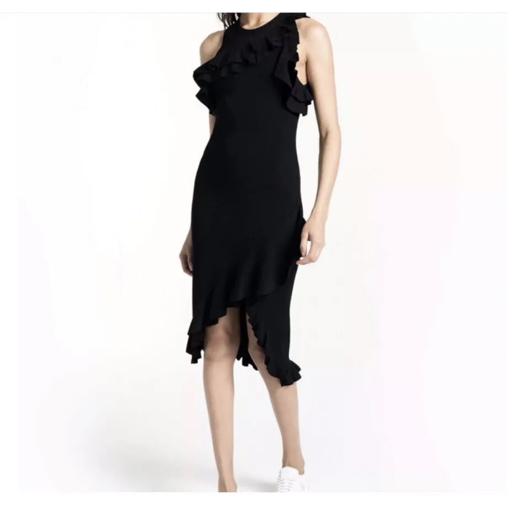 ALC womens ruffle kellem midi Knit bodycon dress solid black Crew Neck Size S